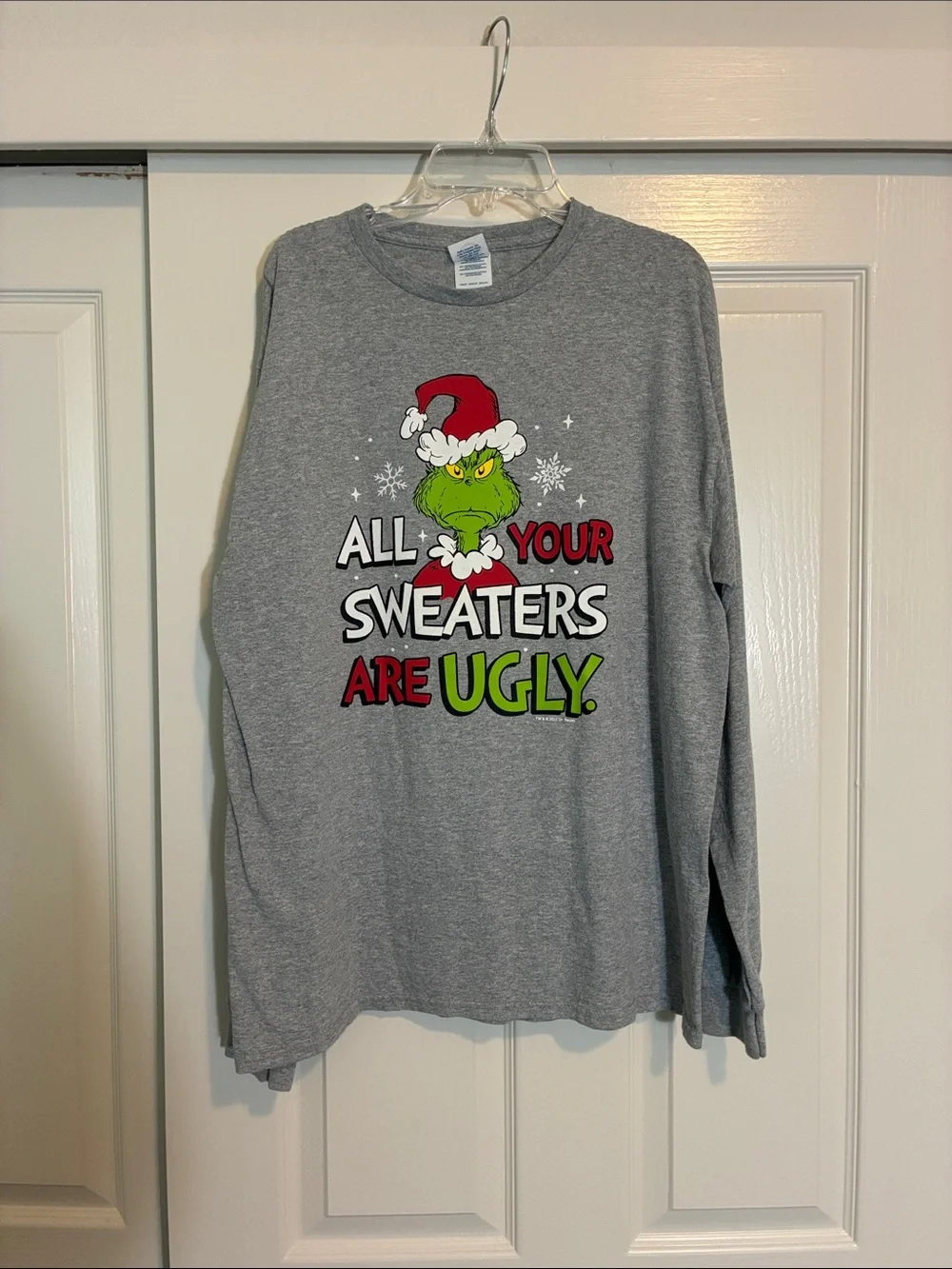 Delta Gray Grinch Graphic Crewneck Sweatshirt with Red and Green Accents